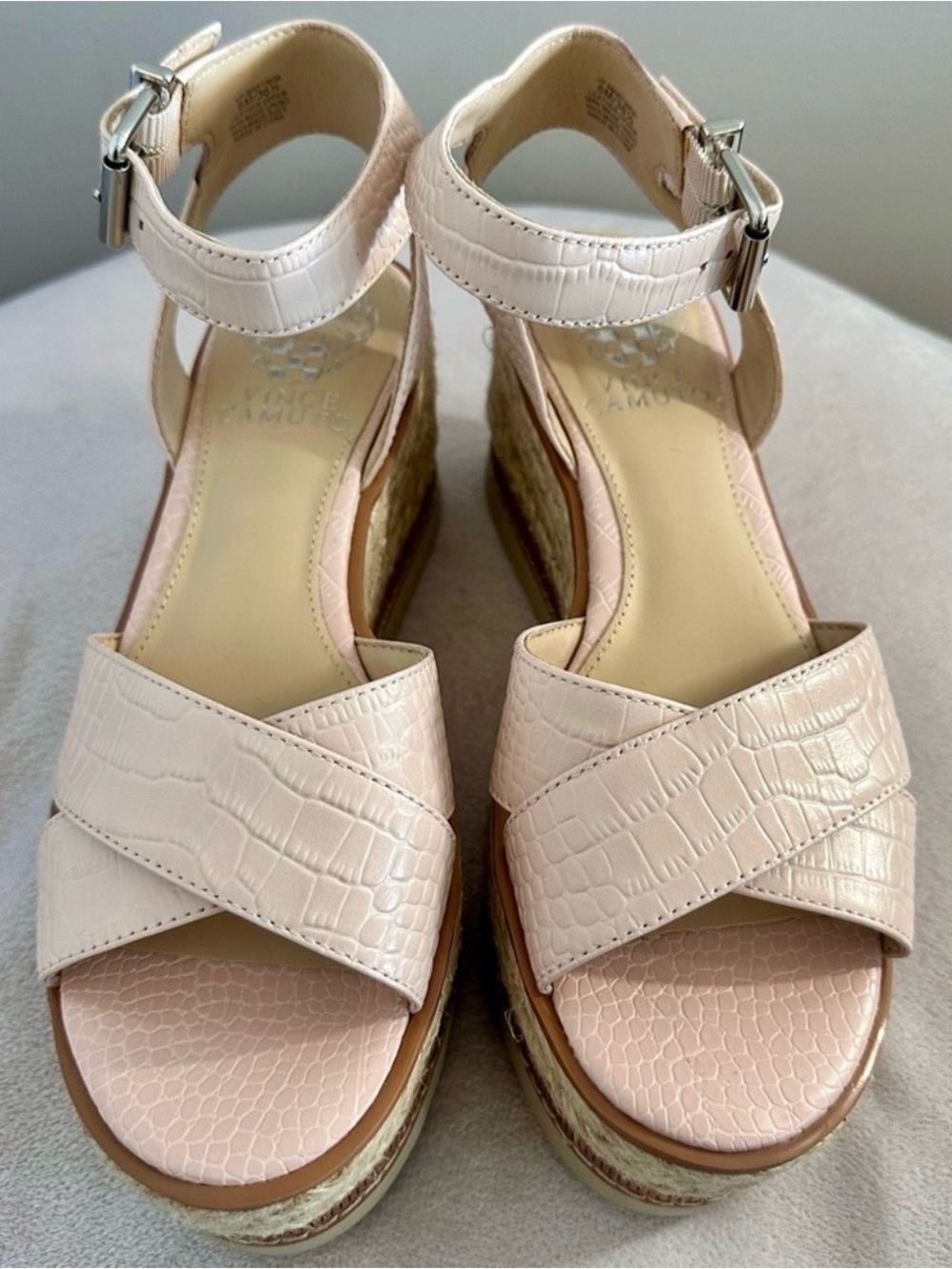 Vince Camuto Croc-Embossed Light Pink Espadrille Wedge Sandals
